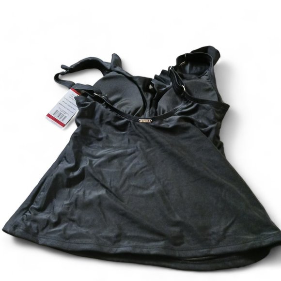 NWT  DKNY Two Piece Black Ruffled Neck Tankini, Swimsuit, Bathing Suit  … - Picture 4 of 15